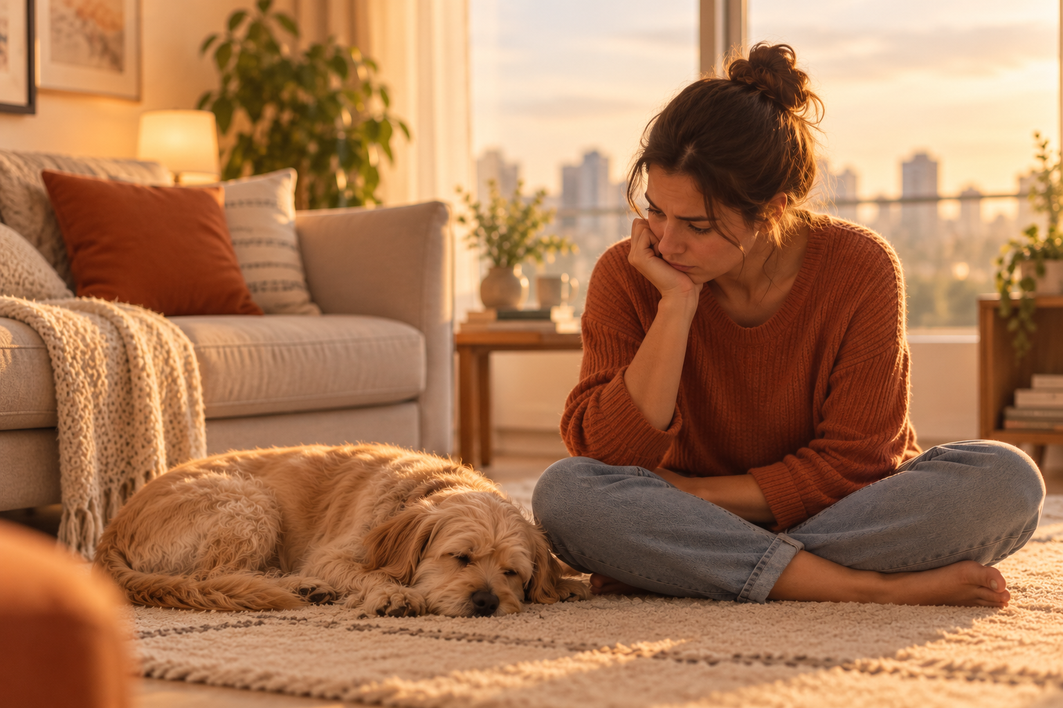 Tutora sentada ao lado de seu cão adormecido