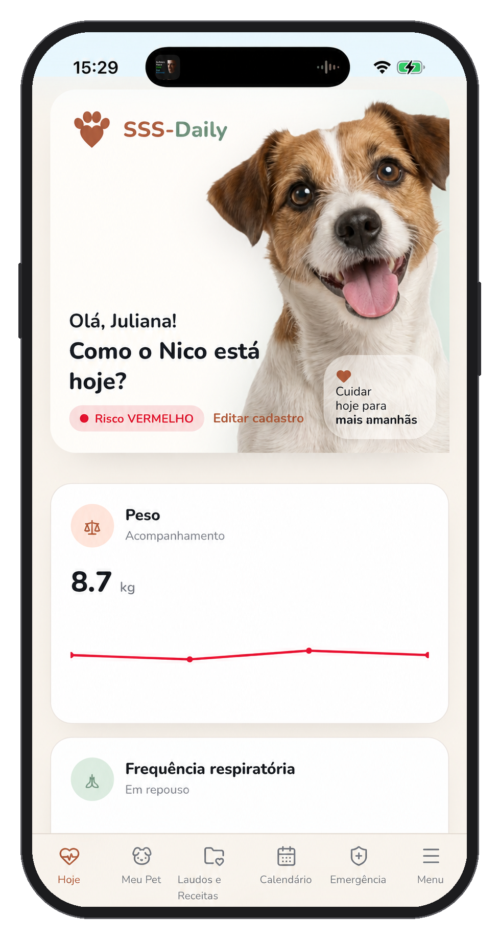 Mockup do aplicativo SSS-Daily mostrando gráficos de saúde do cão
